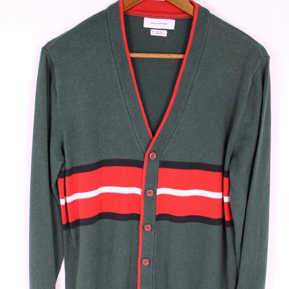 0316-Urban Outfitters Striped Button-Up Cardigan – Forest Green/Red – Size S - Picture 1 of 6
